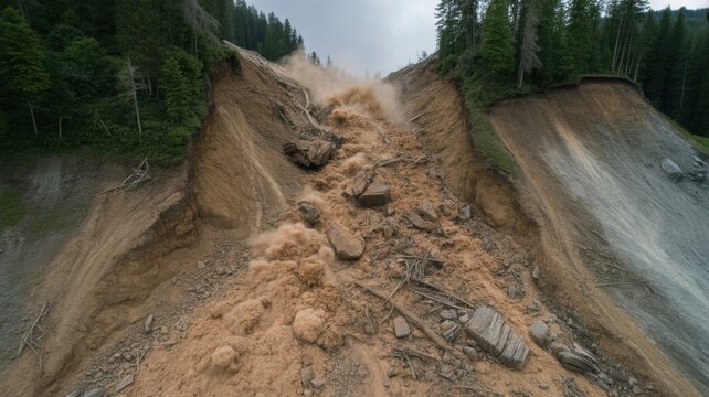 A colossal landslide destroyed the forested slope, sending tons of earth, rocks, and fallen trees into a deep chasm.