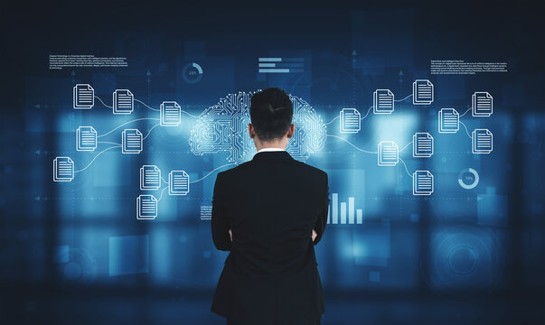 A business professional observes intricate data visualizations representing artificial intelligence concepts in a sleek, modern office, showcasing technology and analytics. Cyphers
