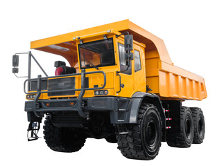New large yellow dump truck, viewed from the front at a 45-degree angle, isolated on  transparent background. © Aleksandr Matveev