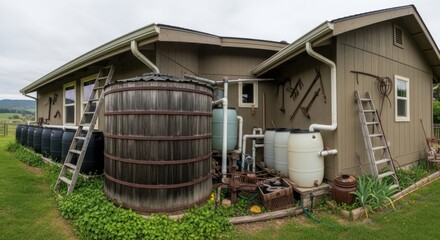 Obraz premium Sustainable Living Rustic Rainwater Harvesting System with Large Wooden Barrel and Plastic Tanks