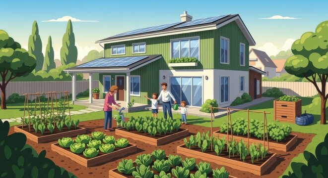 Sustainable family gardening eco friendly house with solar panels healthy lifestyle organic vegetables community farm
