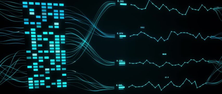 Digital analytics display fluctuating graphs and connected data streams on black
