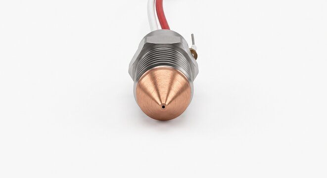 High-precision beryllium copper hot runner nozzle tip for plastic injection molding. Extreme macro industrial polymer processing hardware isolated on white background.