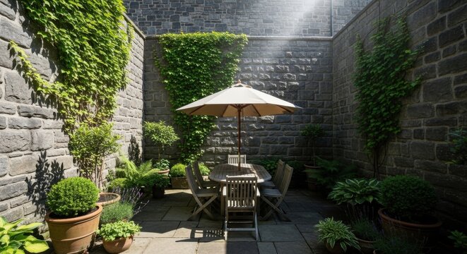 Sunlit Courtyard Oasis Outdoor Dining Set with Umbrella and Lush Greenery