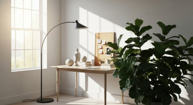 Sunlit home office with fiddle leaf fig plant desk lamp and corkboard with photos
