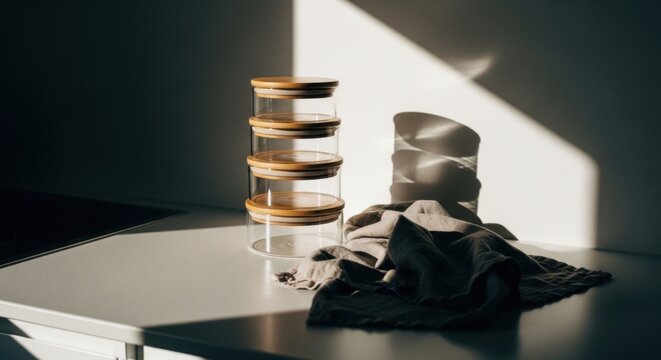 Sunlit Kitchen Countertop with Stacked Glass Jars and Linen Cloth