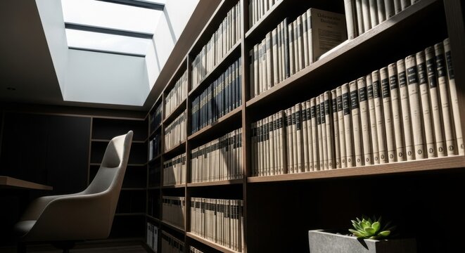 Sunlit library interior with modern chair and extensive book collection natural light from skylight