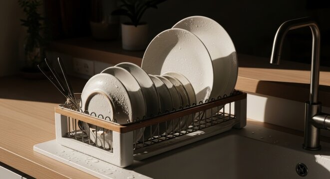 Sunlit Kitchen Sink with Dish Rack Plates and Faucet Morning Light Lifestyle