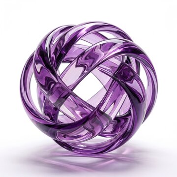 Esfera abstrata 3D formada por an&eacute;is entrela&ccedil;ados de vidro roxo transparente. Design geom&eacute;trico moderno e reflexivo isolado no fundo branco
