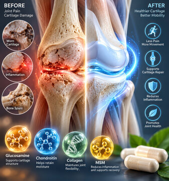 Knee Osteoarthritis Cartilage Damage and Joint Health Support Infographic