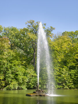 Water fountain jet spouting from stone snake on lake in bright daylight