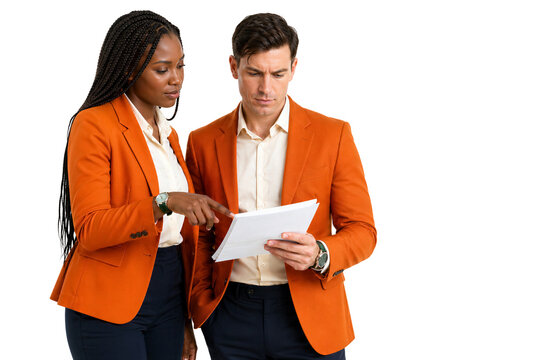 Man and woman in orange blazers reviewing documents together, looking at paper, isolated on transparent background. Business meeting, teamwork, corporate finance, professional collaboration.