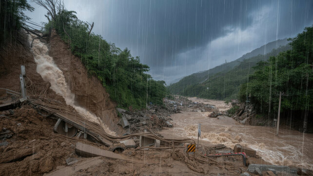 Heavy downpour triggered a powerful landslide that destroyed the road and collapsed into a raging muddy river.