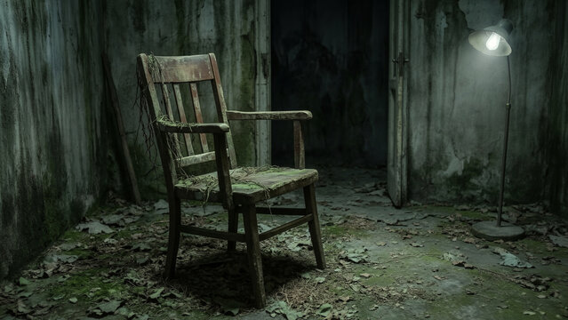 Weathered Wooden Chair in a Decaying Abandoned Room