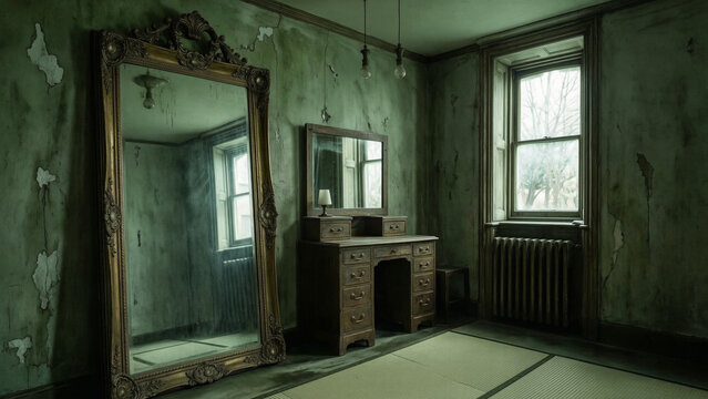 Antique Ornate Mirror and Vanity in a Decaying Room