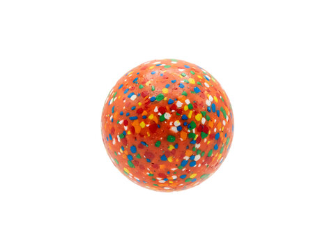 A vibrant orange bouncy rubber ball speckled with colorful multi-colored confetti dots, captured from a front perspective, isolated cutout on a clean transparent background for fun toy design