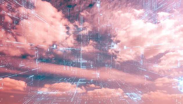 Futuristic digital matrix corridor combined with soft pink and white clouds in cyberspace