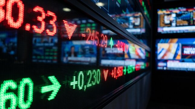 Glowing financial market stock ticker display board with bright red and green digital numbers showing economic trends