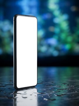Modern smartphone with blank white screen standing on a wet surface with blurred blue background