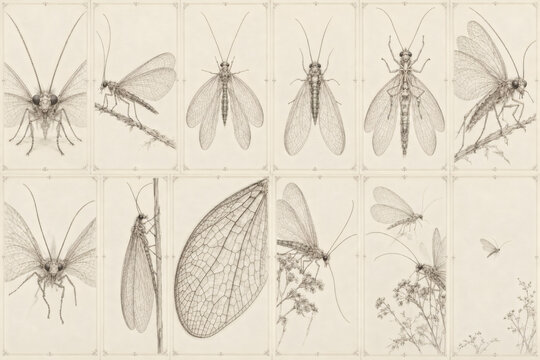 Vintage lacewing specimen cards in antique entomological engraving style, twelve insect studies with detailed wing venation, botanical compositions, ivory paper, and elegant scientific stationery