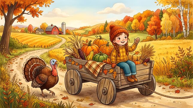 Thanksgiving wagon ride with child and turkey in fall