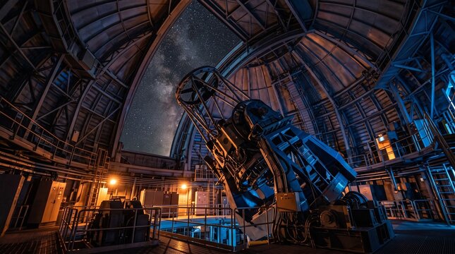 Massive astronomical telescope pointing upward inside a dark dome observatory under starry night sky illuminated by warm lights