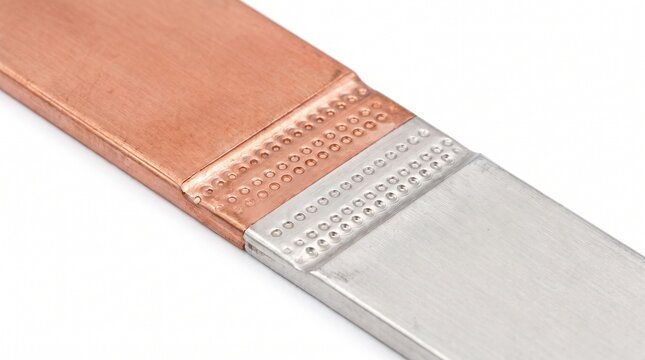 Welded bimetallic transition joint featuring durable copper and aluminum strips with precision patterns under bright lighting