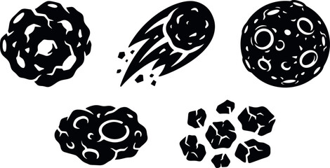 Asteroid and Meteor Silhouette Vector Set with Flying Comet, Craters and Space Rocks © MirzaAsmaul
