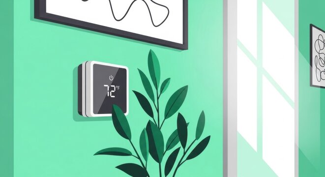 Smart thermostat on a mint green wall with framed art and a potted plant modern home interior