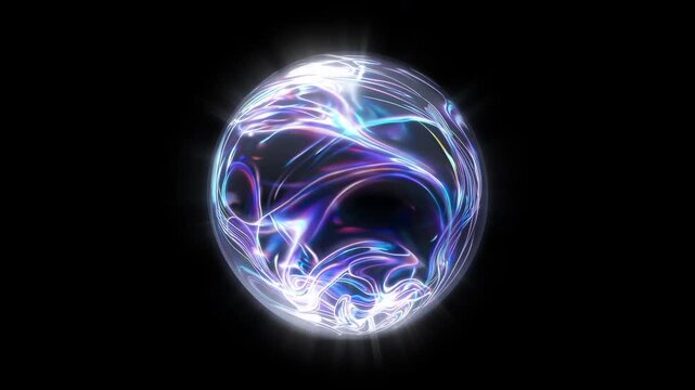 Floating iridescent energy orb with swirling purple and blue light, magic crystal ball seamless VJ loop