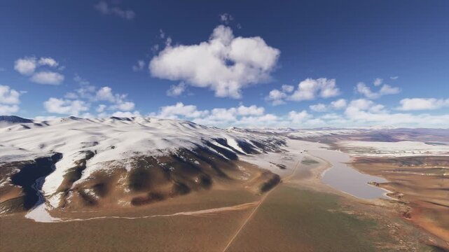 Aerial drone view of the snow across Puna de Atacama. Catamarca Province. Argentina