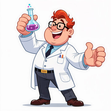 A happy adult man scientist with a gigantic head and hands holds a test tube aloft, beaming with excitement on a light white background.