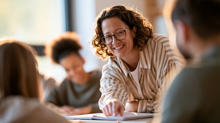 Obraz na płótnie Canvas Mid adult female teacher helping diverse high school students in a classroom european teacher cropped at the shoulders leaning over a desk pointing at a notebook multiethnic students seen