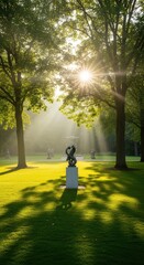 Fototapeta premium Sculpture in a sunlit park with sunbeams trees and shadows Peaceful garden art