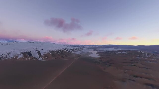 Sunset aerial view of the snow in Puna de Atacama. Catamarca Province. Argentina