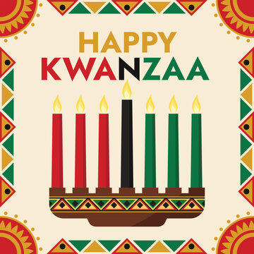 Happy Kwanzaa greeting with seven candles and a colorful geometric border. Ideal for holiday cards, festive banners, and social media posts.