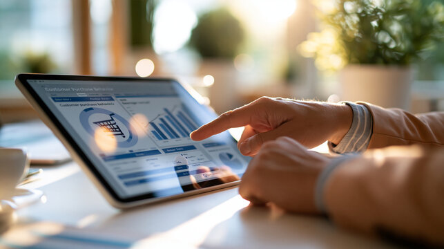 Ecommerce manager using a tablet and analyzing online sales data hands of a european manager on a tablet with customer purchase behavior analytics shopping cart and sales growth charts