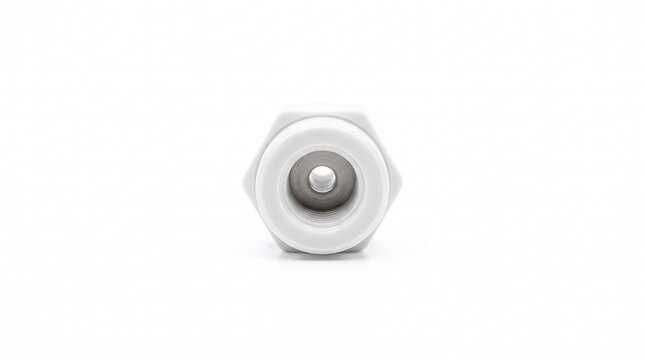 HPLC micro-volume PEEK union fitting. Precision micromachined polymer fluidics connector for zero dead volume plumbing. Macro cutout on white background.