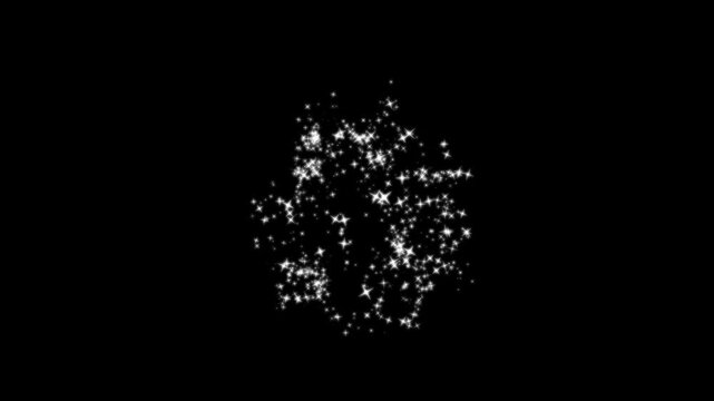 White glittering star burst animation, glitter trail sparkling particles on black background. 4K seamless shiny transition overlay.