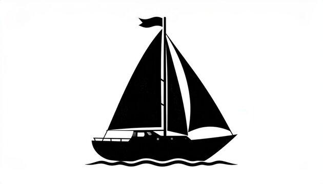 Sailboat travel and maritime adventure concept minimalist black silhouette vector illustration of a yacht sailing on waves isolated on white background
