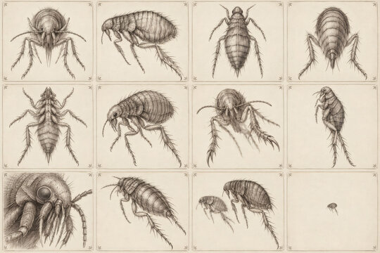 Vintage flea specimen collection in antique entomological engraving style with varied anatomical views, delicate graphite linework, ivory paper, intricate insect details, and elegant stationery aesthe