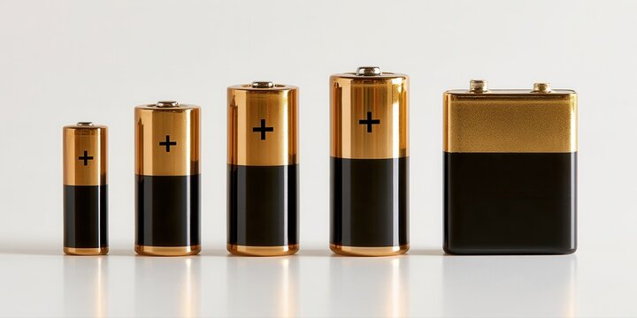 Various cylindrical alkaline batteries gold black colors industrial power supply unit.