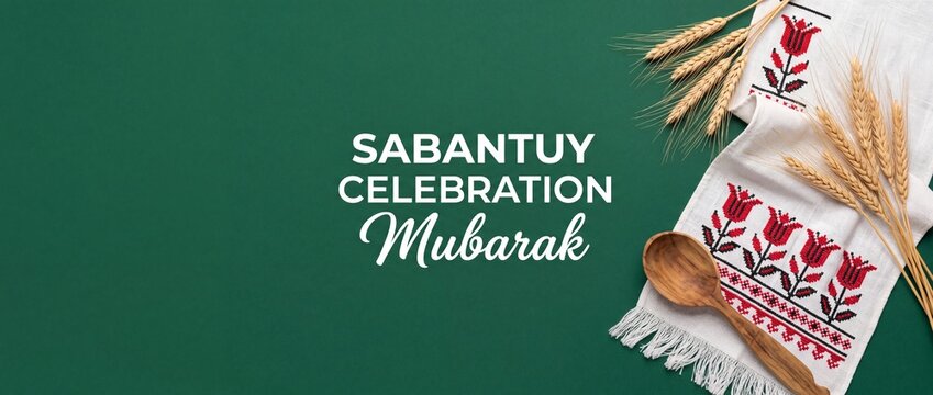 Sabantuy Celebration Mubarak Tatar Holiday banner background with traditional embroidered towel, golden wheat ears, and wooden spoon on green background, Tatar and Bashkir folk harvest festival.