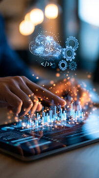 Businessman using a tablet for analyzing paas data hands of a european businessman with a tablet showing a cloud development platform dashboard floating cloud code and gear icons above