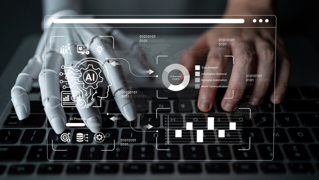 This image captures the synergy between human hands and robotic elements in a tech-driven workspace, highlighting themes of artificial intelligence and data interaction. Nascent