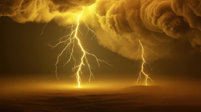 Powerful lightning bolts strike from suffocating sand clouds, turning the raging storm into a deadly force of nature. Photo with space for text.