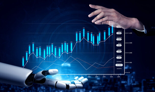 A vivid depiction of collaboration between human and robotic hands analyzing financial data through advanced charts and graphs, showcasing the future of finance. Scalp