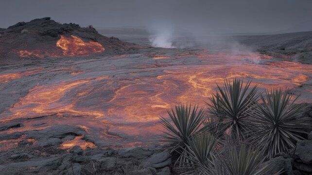 A fiery lake of seething lava slowly engulfs the rocky plain, destroying plants beneath a veil of poisonous smoke. Photo with space for text.