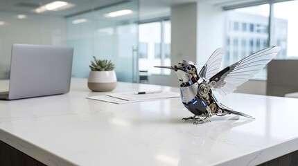 Fototapeta premium Bionic Hummingbird with Spread Wings on Executive Desk