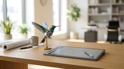 Fototapeta premium Creative Robotic Hummingbird Sculpture on Drafting Table